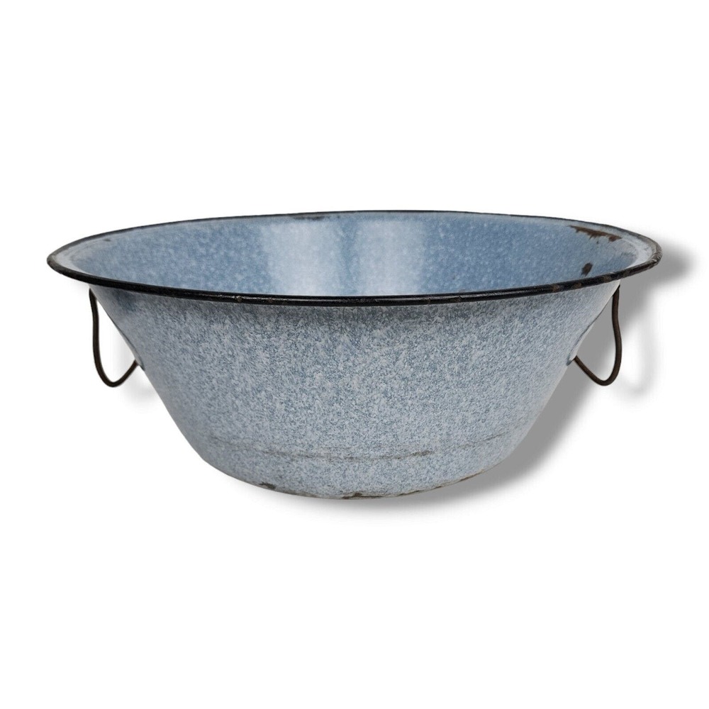 Vintage Enamel Wash Basin with Handles Baby Bath Granite Blue Rustic Primitive